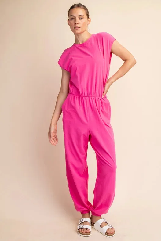 Cotton Lycra Open Back Jumpsuit Hot Pink