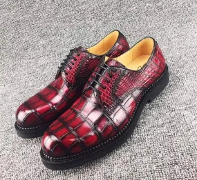 Crocodile Shoes Mens Classic Formal Footwear Man Fashion Style Genuine Crocodile Leather Derby Lace-Up Dress Shoes Vintage Red