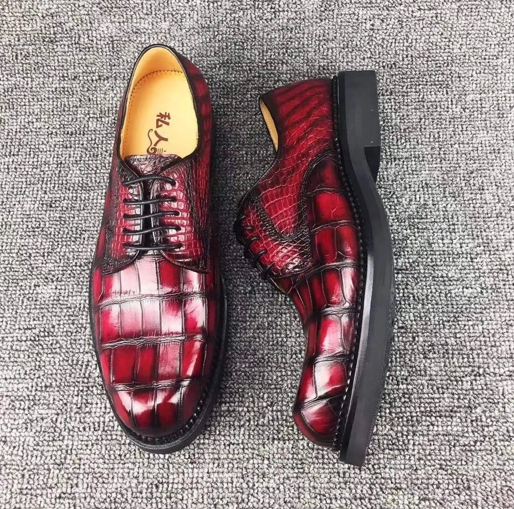 Crocodile Shoes Mens Classic Formal Footwear Man Fashion Style Genuine Crocodile Leather Derby Lace-Up Dress Shoes Vintage Red