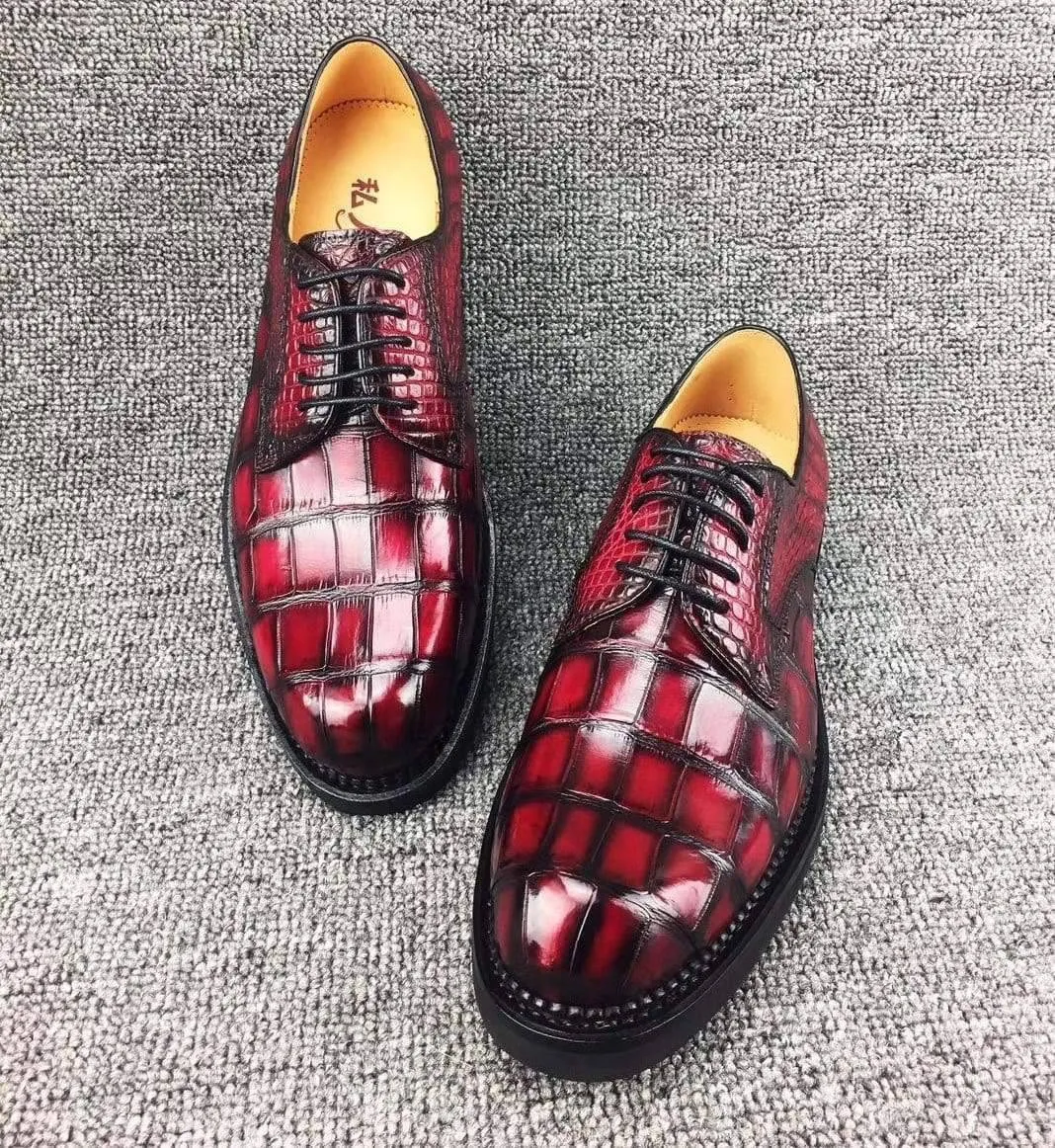 Crocodile Shoes Mens Classic Formal Footwear Man Fashion Style Genuine Crocodile Leather Derby Lace-Up Dress Shoes Vintage Red