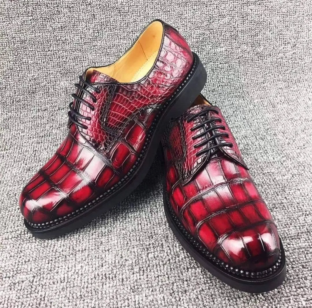 Crocodile Shoes Mens Classic Formal Footwear Man Fashion Style Genuine Crocodile Leather Derby Lace-Up Dress Shoes Vintage Red