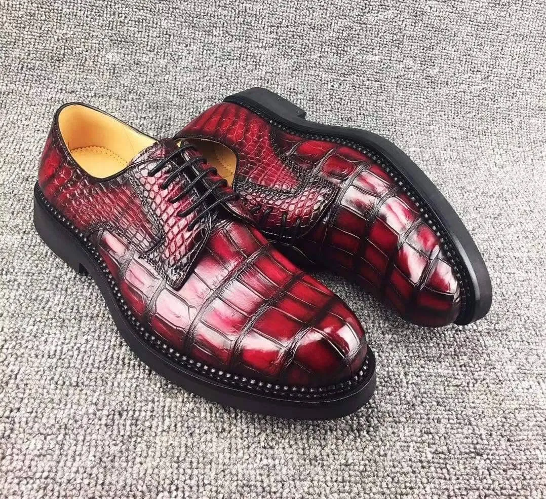 Crocodile Shoes Mens Classic Formal Footwear Man Fashion Style Genuine Crocodile Leather Derby Lace-Up Dress Shoes Vintage Red