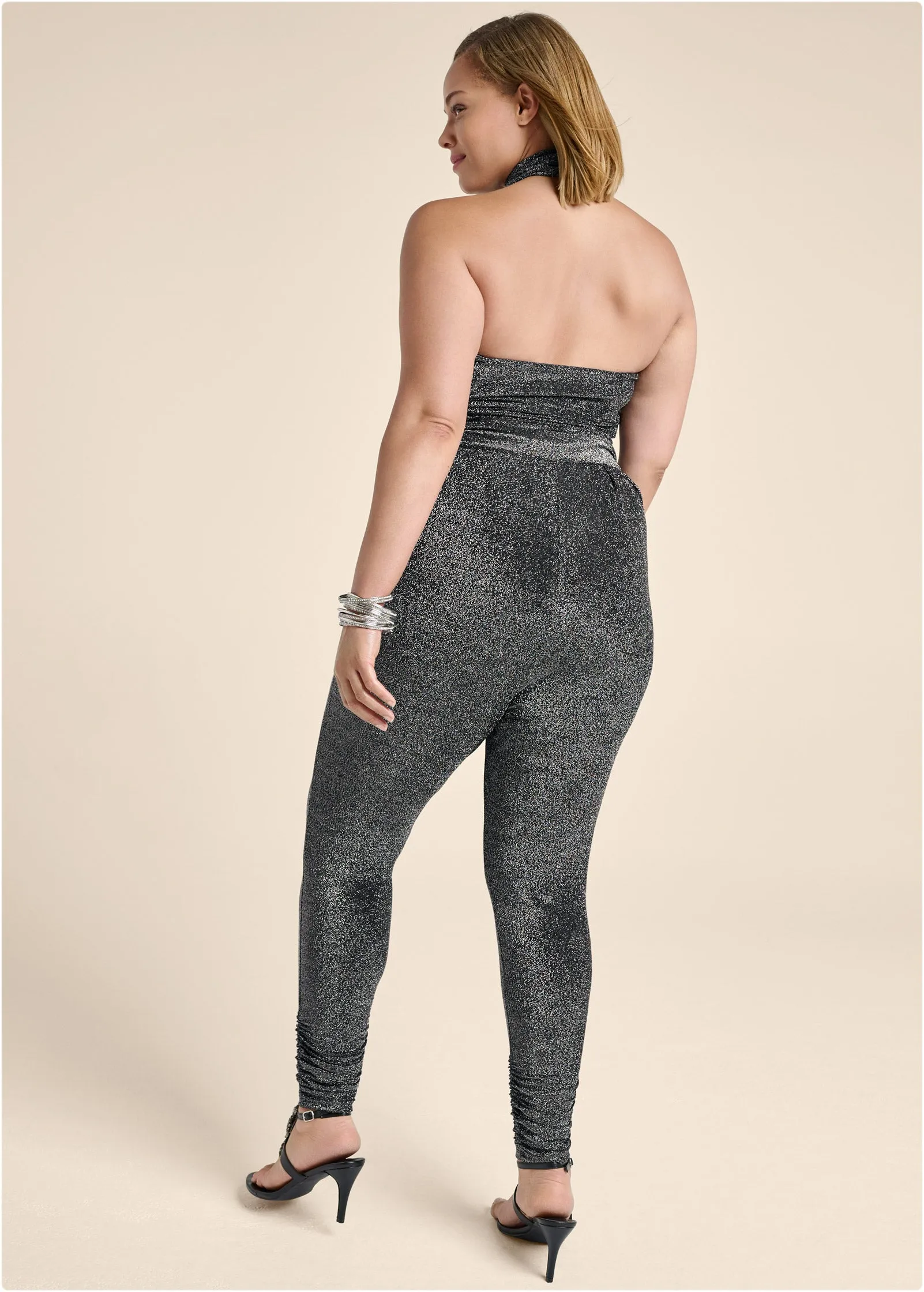 Cross-Neck Sparkle Jumpsuit - Silver