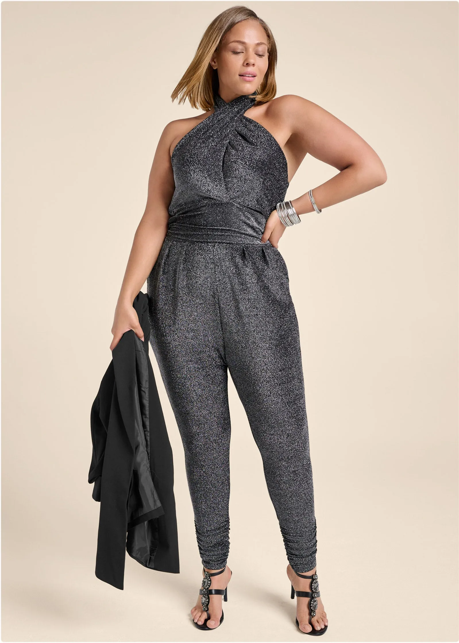 Cross-Neck Sparkle Jumpsuit - Silver