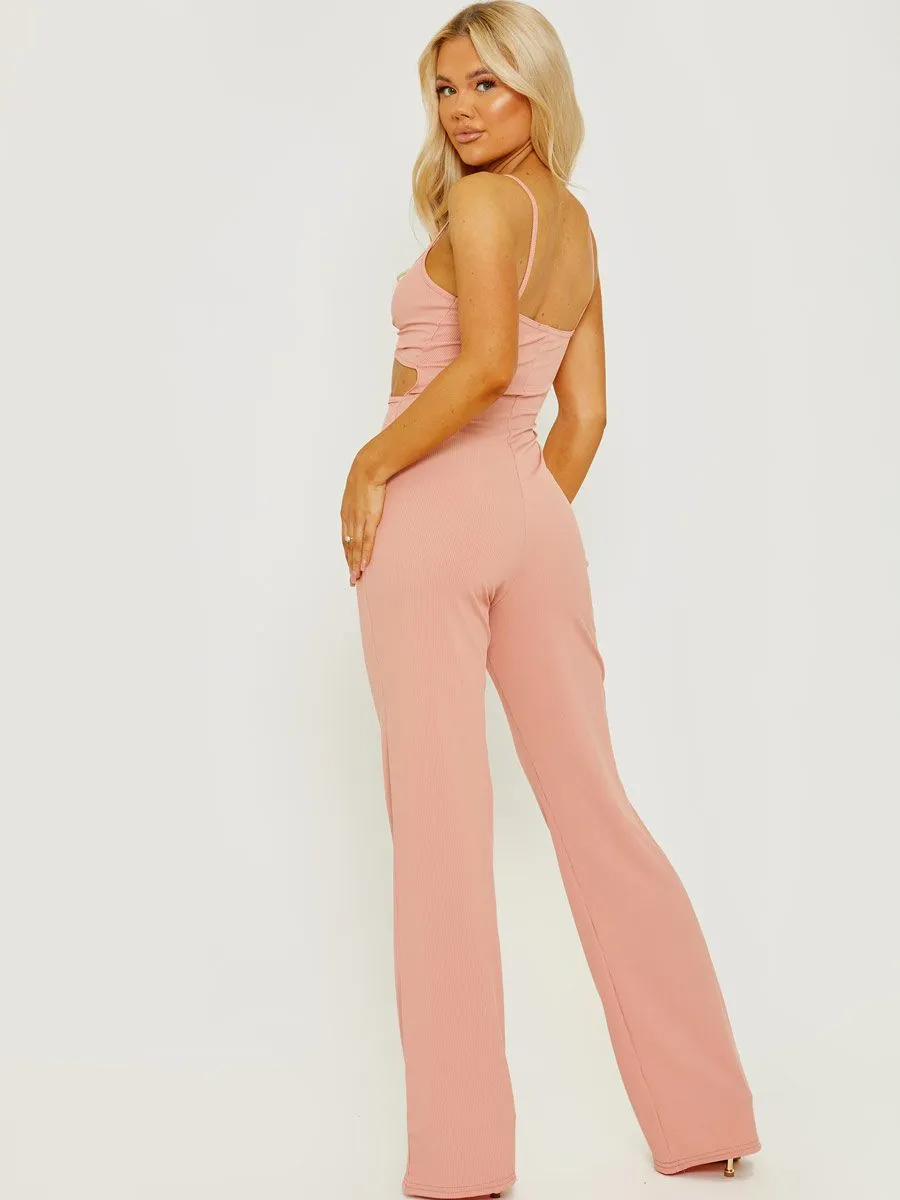 Devin Cut Out Ribbed Cami Jumpsuit In Rose