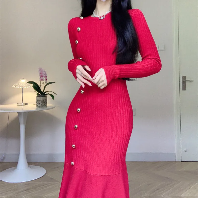 Diagonal Button Long Sleeve Mermaid Knit Dress