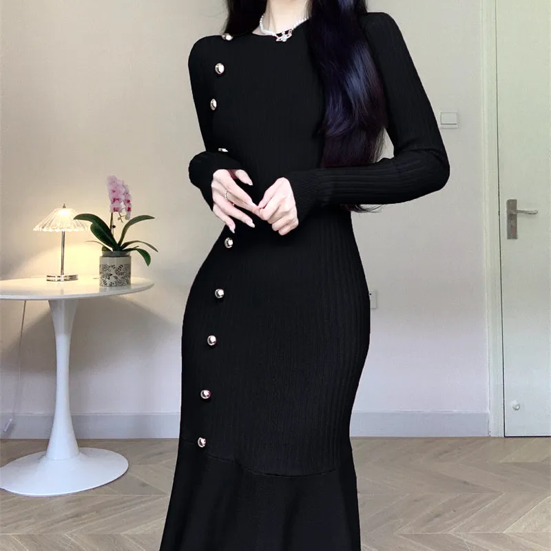 Diagonal Button Long Sleeve Mermaid Knit Dress