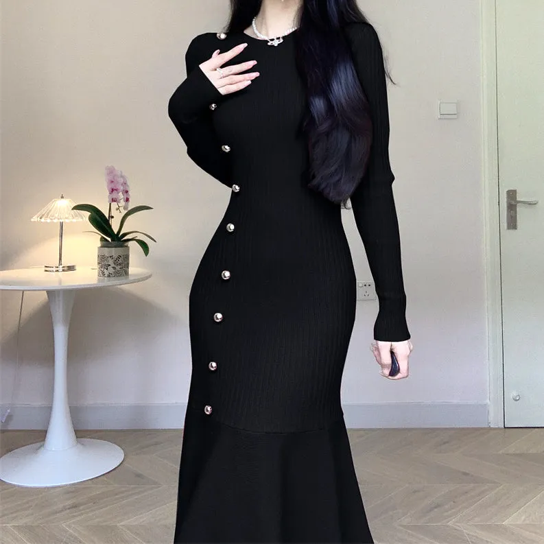 Diagonal Button Long Sleeve Mermaid Knit Dress