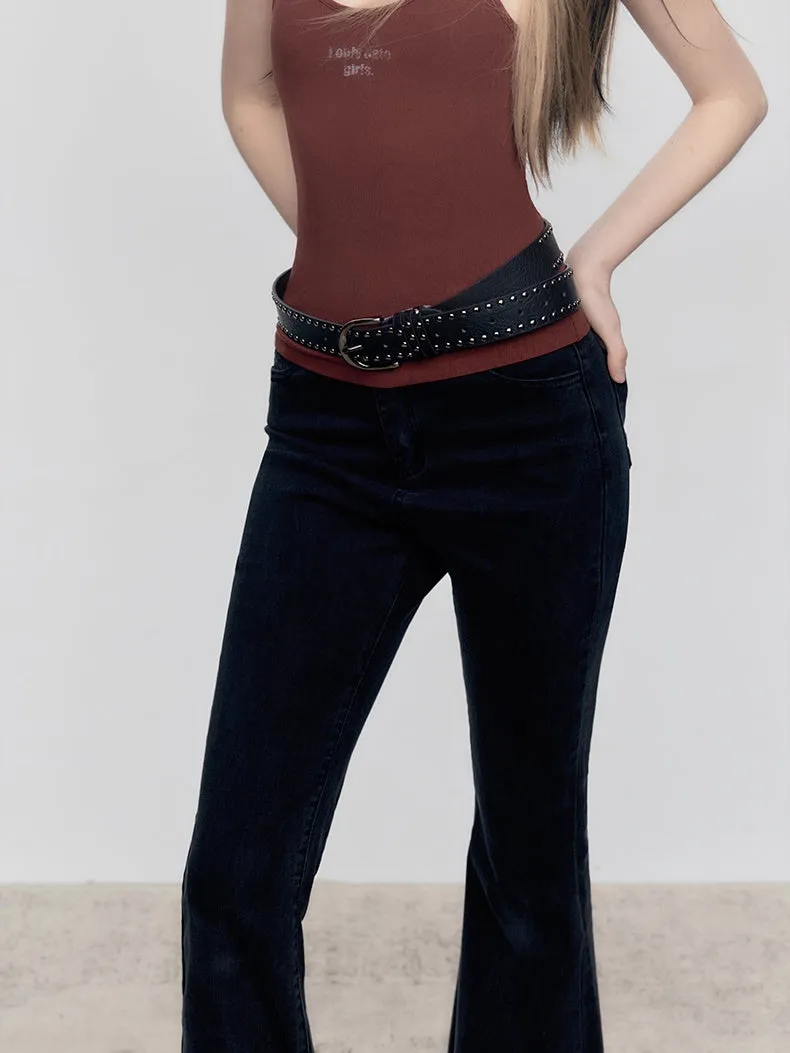 Elastic Raw Edge Double Waist Flared Jeans