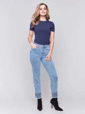 Embroidered Hem Jeans - Light Blue