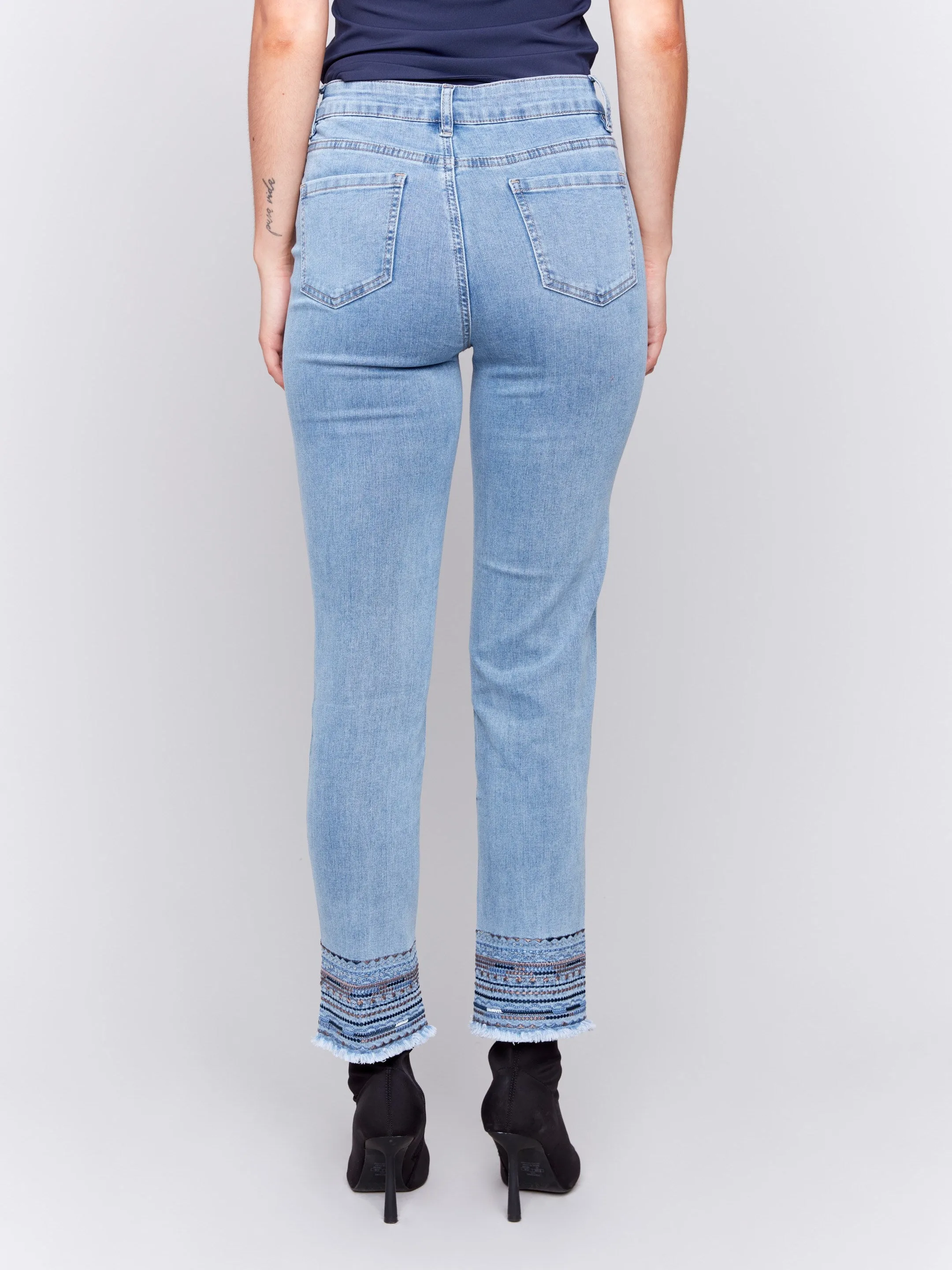 Embroidered Hem Jeans - Light Blue