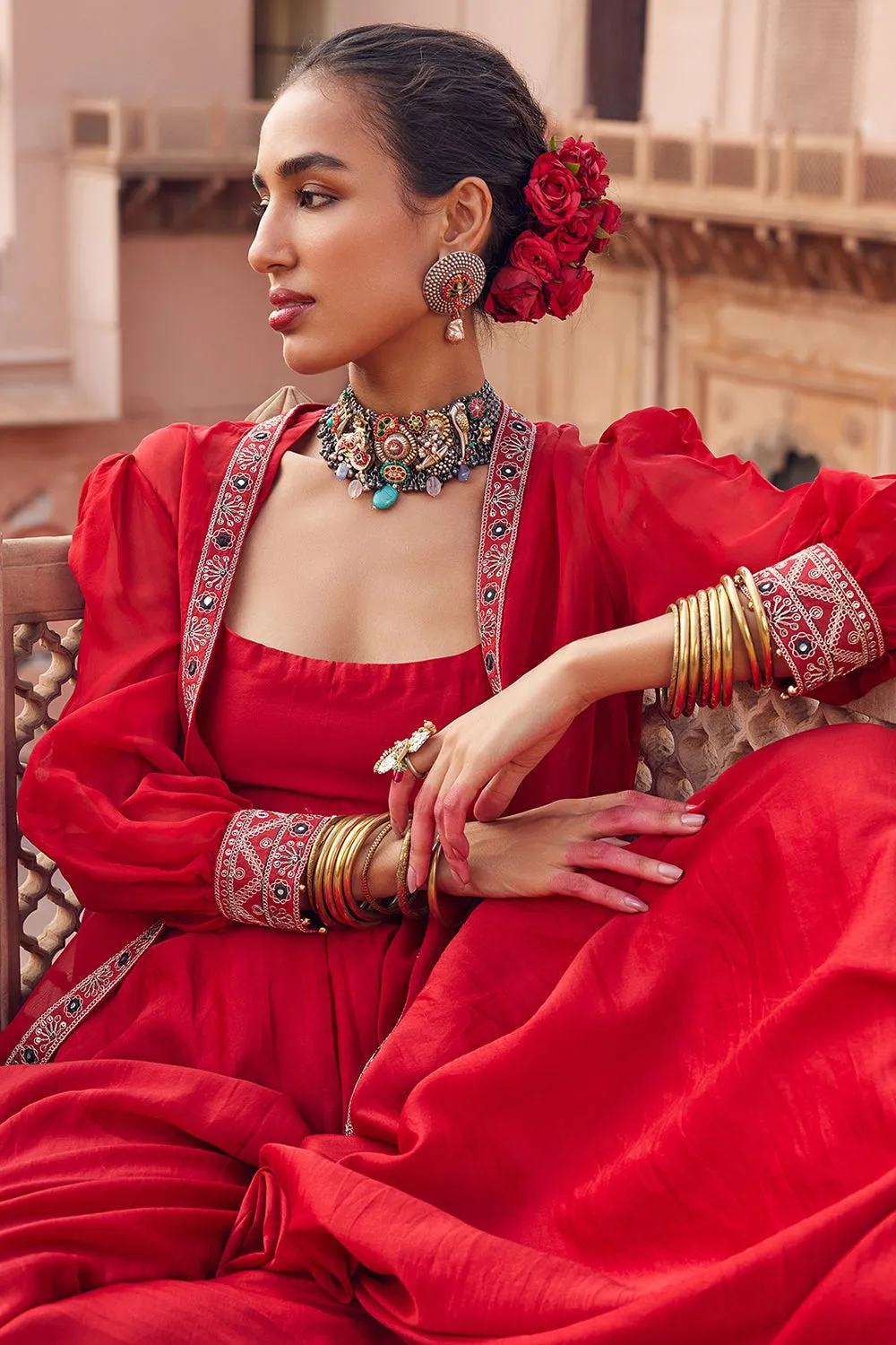 Embroidered Red Silk Organza & Chanderi Silk Co-Ord Set