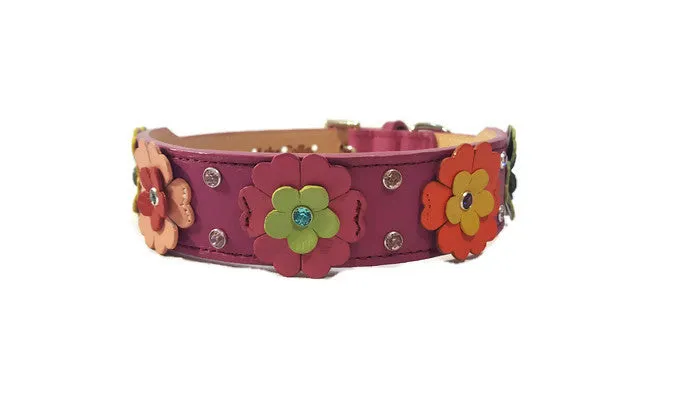 Emma Multi Flower Dog Collar w/ Double Row Crystals Between & on Flower