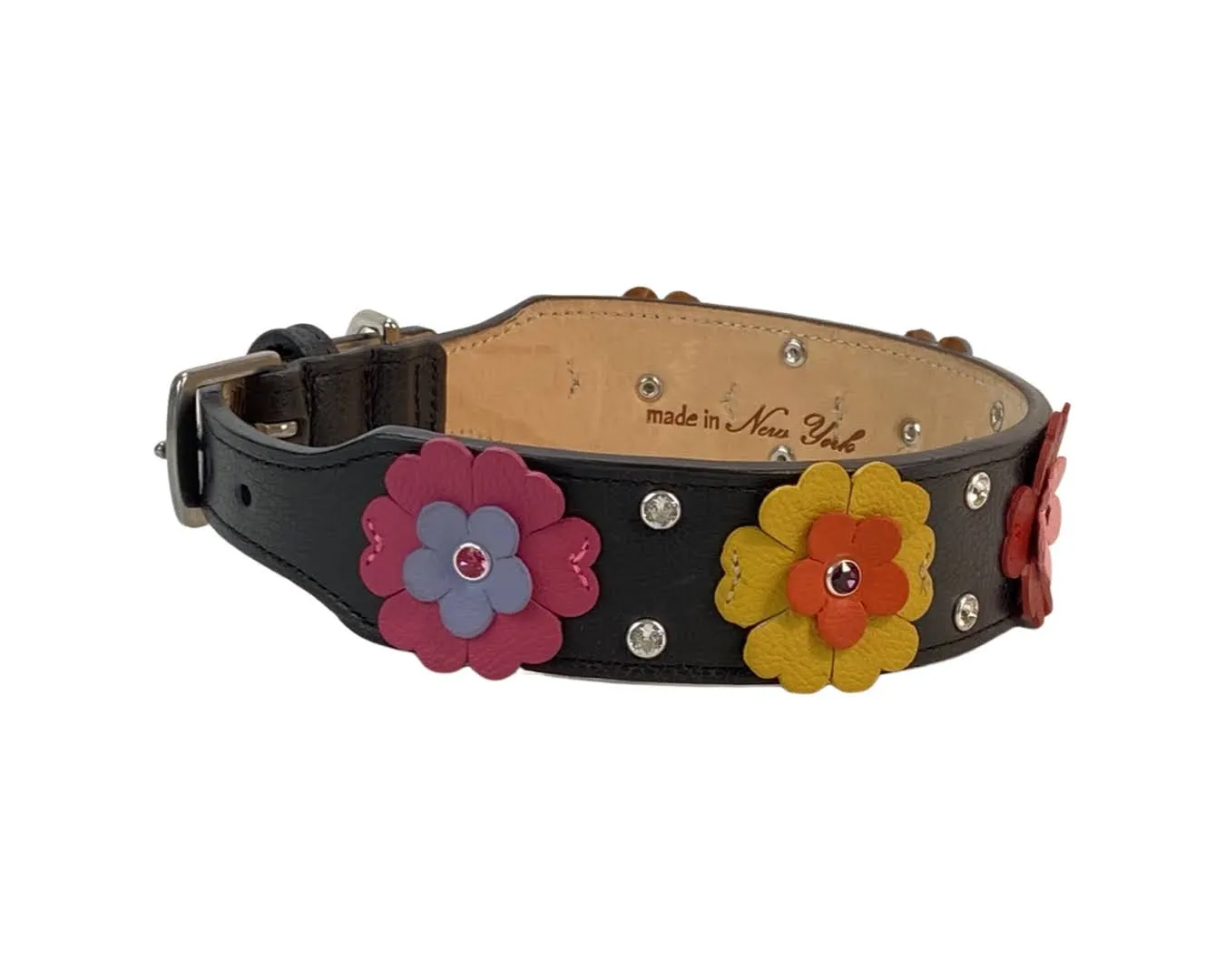 Emma Multi Flower Dog Collar w/ Double Row Crystals Between & on Flower