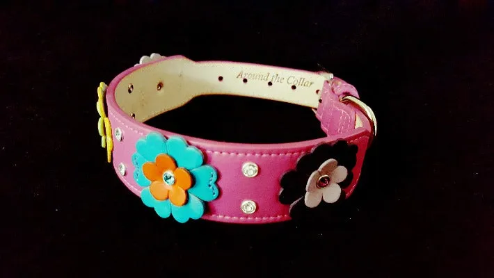 Emma Multi Flower Dog Collar w/ Double Row Crystals Between & on Flower