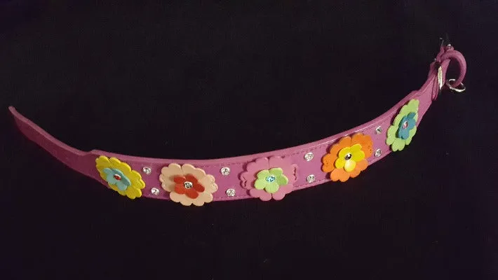 Emma Multi Flower Dog Collar w/ Double Row Crystals Between & on Flower