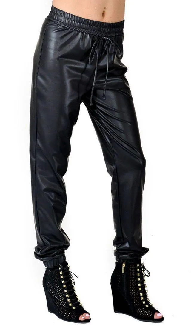 Faux Leather Jogger Pants with Drawstring (Plus Sizes Available S-3XL)