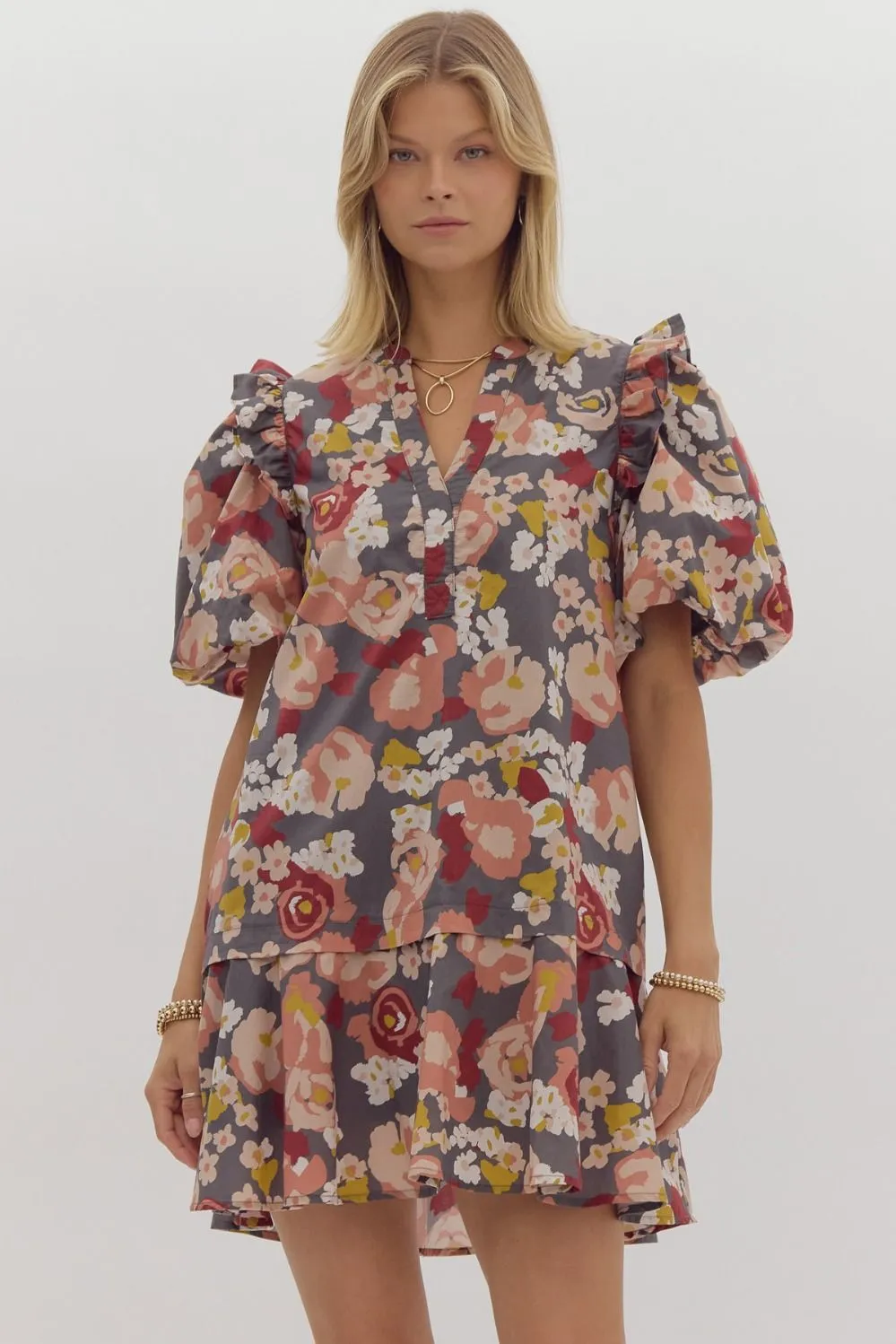 Floral Print Short Sleeve Puff Sleeve V Neck Mini Dress w/ Pockets and Ruffled Shoulder Trim