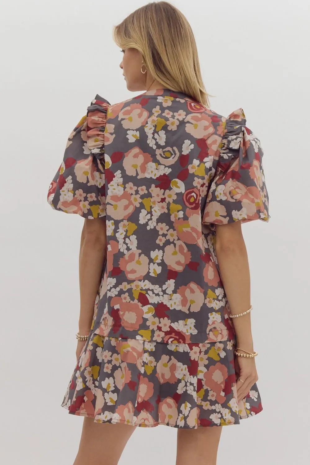 Floral Print Short Sleeve Puff Sleeve V Neck Mini Dress w/ Pockets and Ruffled Shoulder Trim