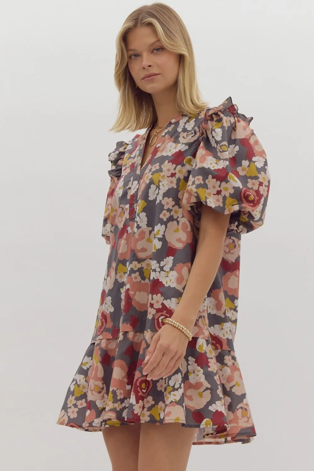 Floral Print Short Sleeve Puff Sleeve V Neck Mini Dress w/ Pockets and Ruffled Shoulder Trim