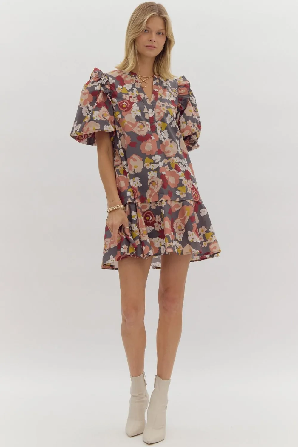 Floral Print Short Sleeve Puff Sleeve V Neck Mini Dress w/ Pockets and Ruffled Shoulder Trim