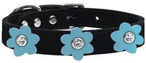 Flower Leather Collar Black With Baby Blue Flowers Size 26