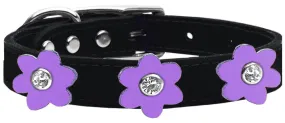 Flower Leather Collar Black With Lavender Flowers Size 10