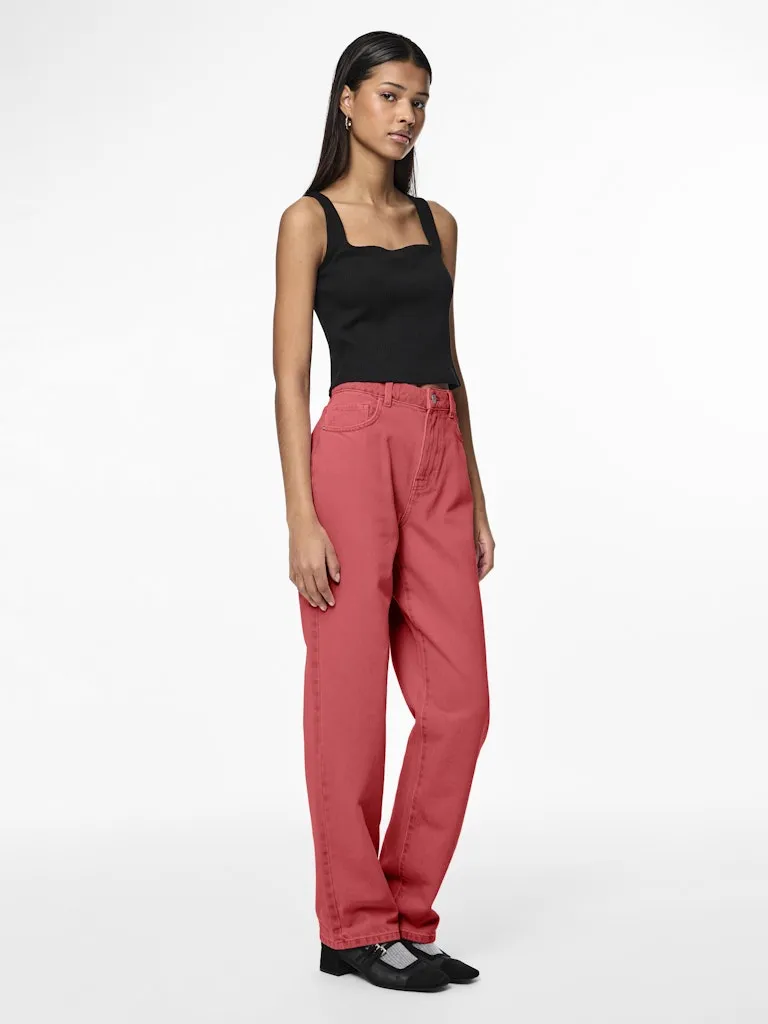 Fria High Waist Straight Denim Pants Red Washed