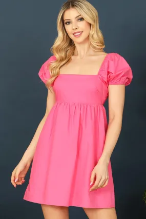 FUCHSIA BABYDOLL SHORT PUFF SLEEVE SOLID MINI DRESS 1-2-2-1