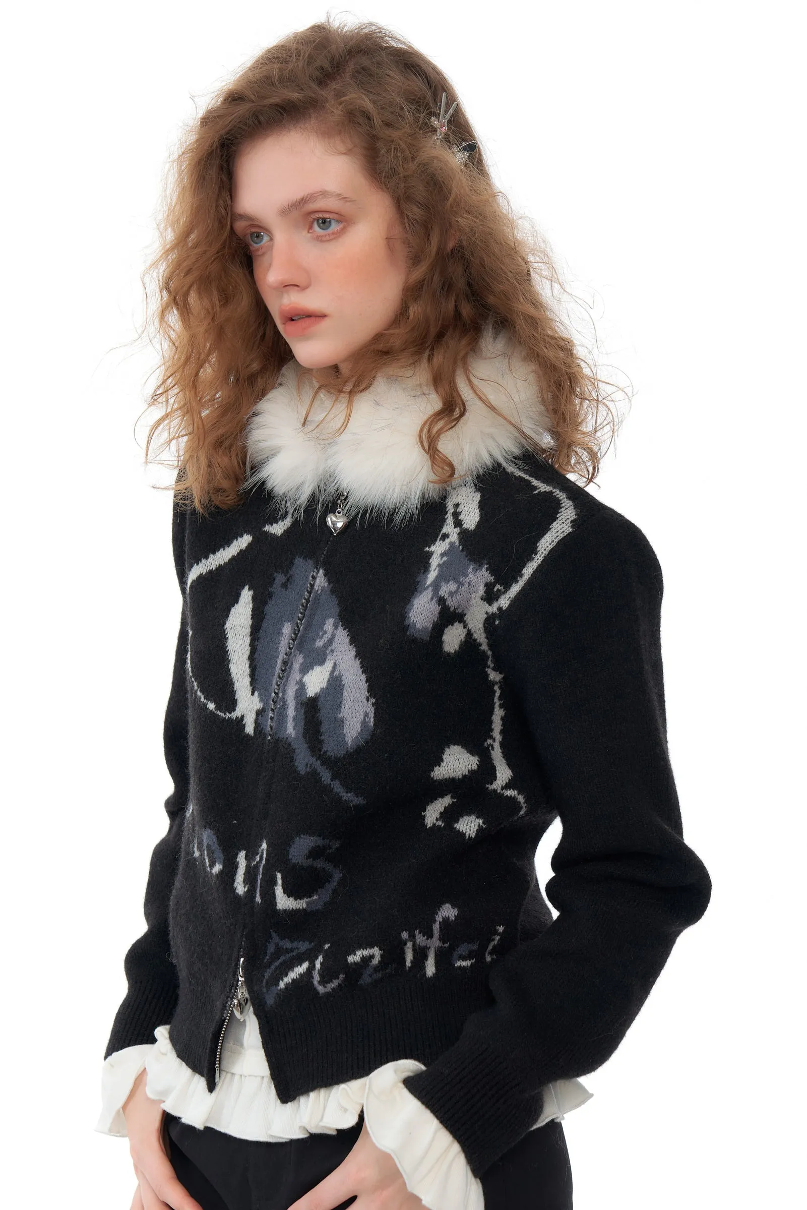 Fur Collar Graphic Knit Cardigan