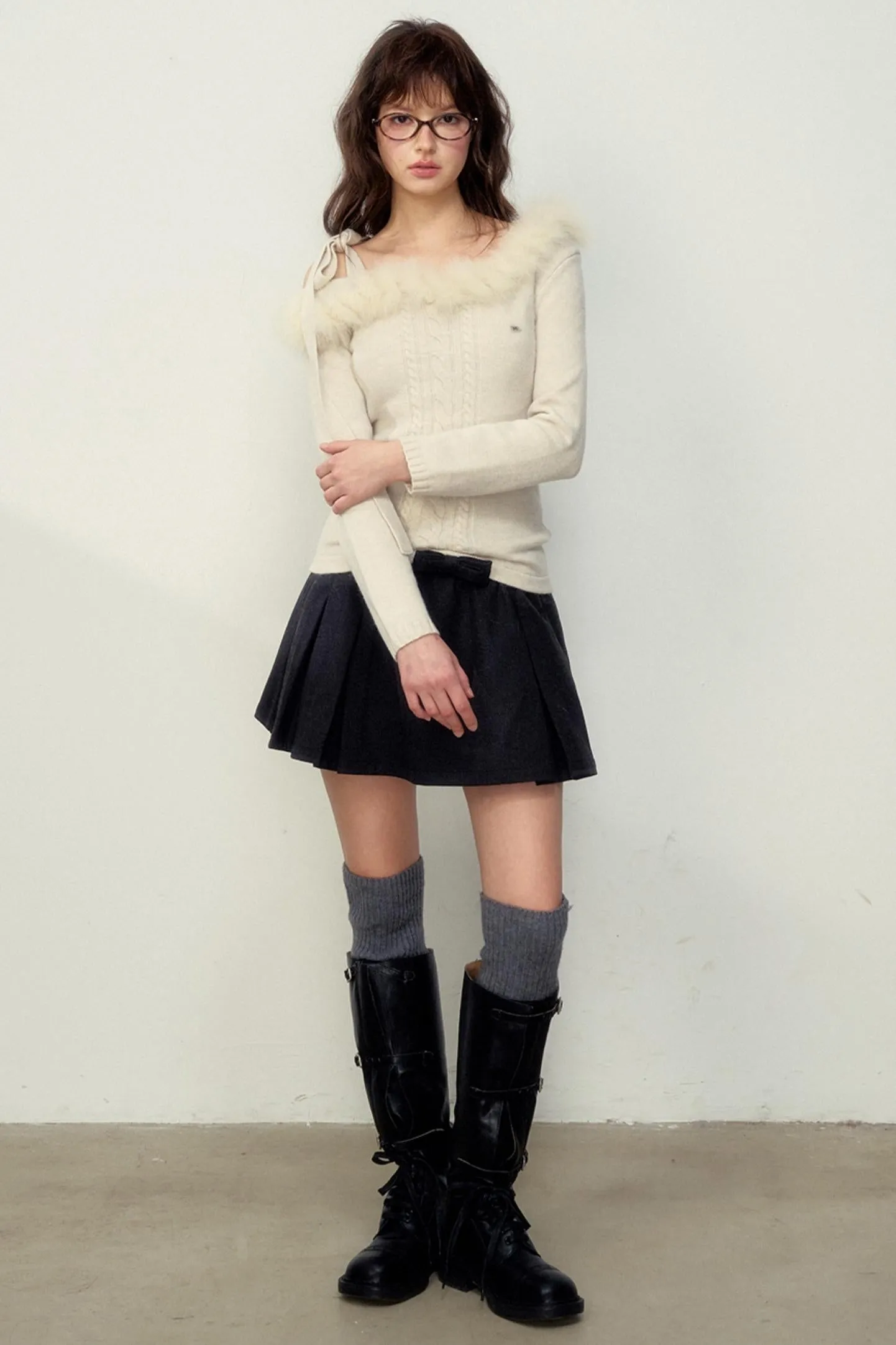 Fur Collar Slim Knit Sweater Top