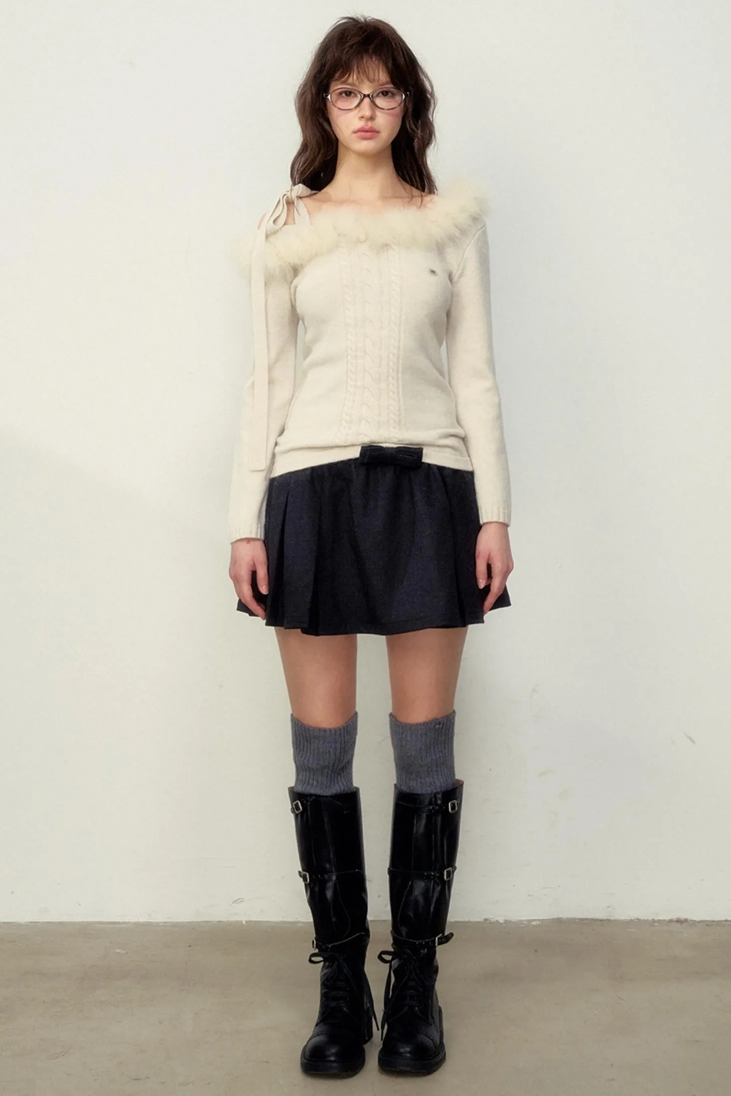 Fur Collar Slim Knit Sweater Top