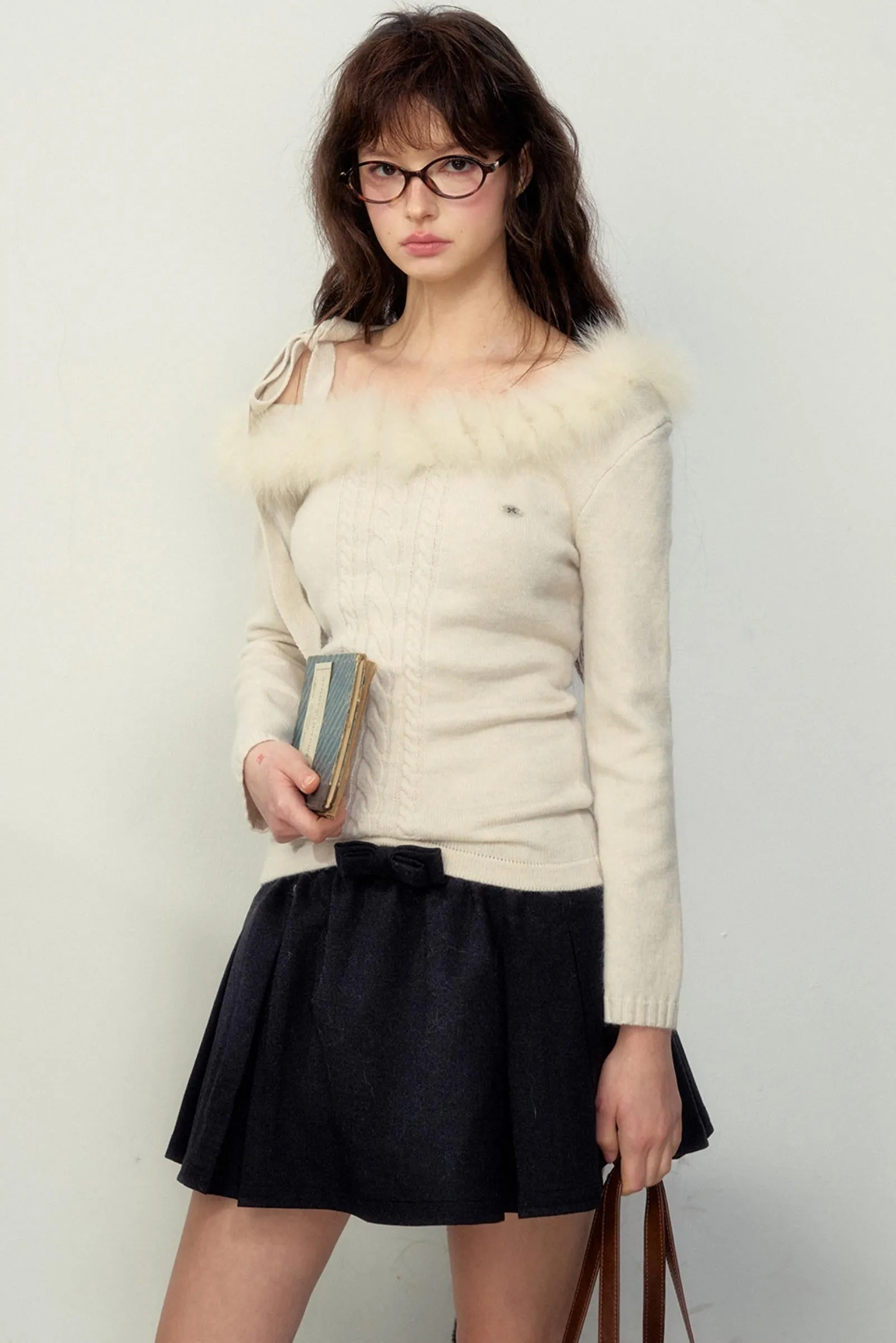 Fur Collar Slim Knit Sweater Top