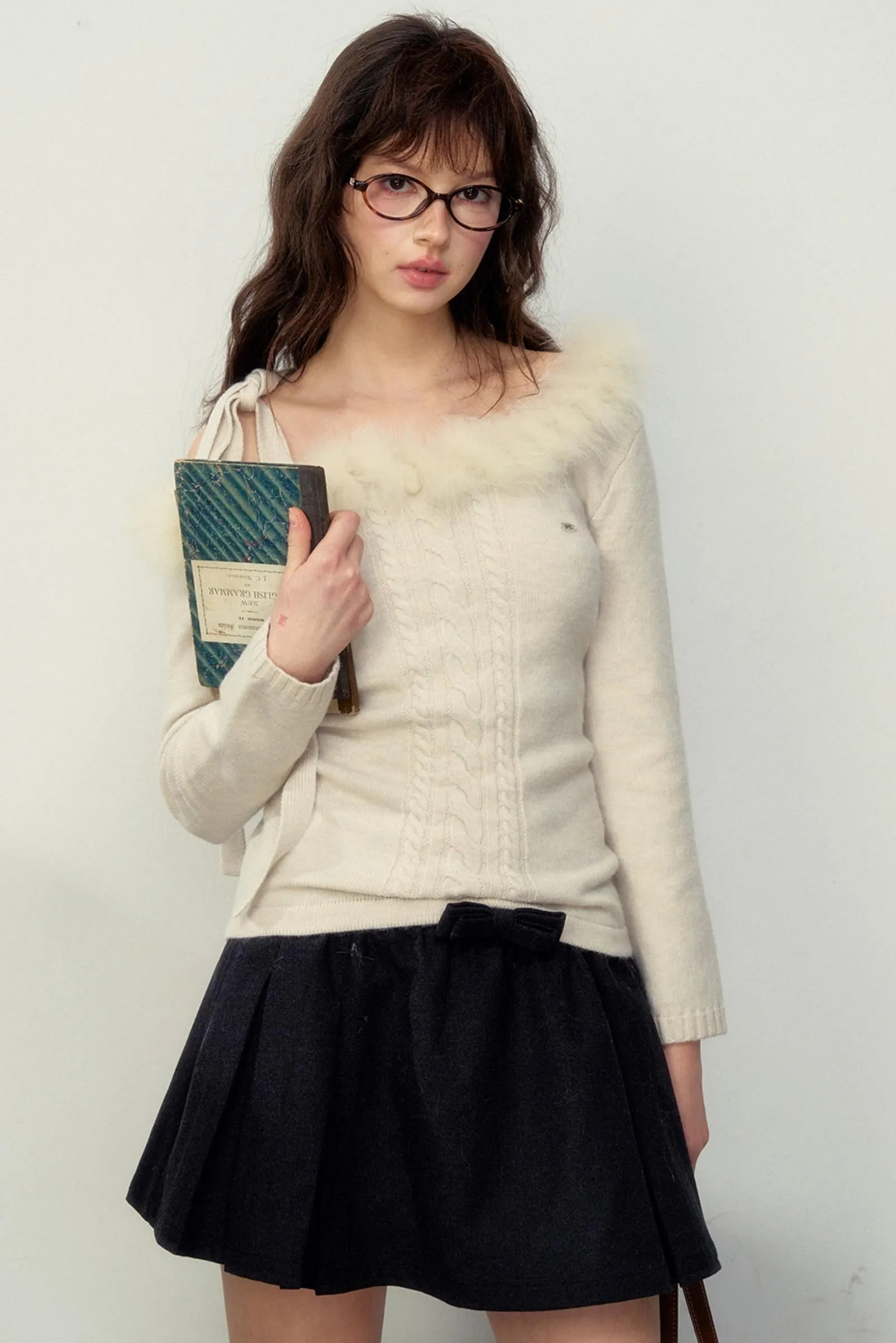 Fur Collar Slim Knit Sweater Top