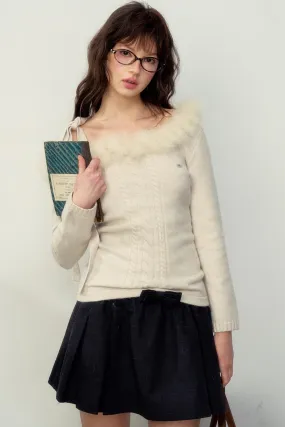 Fur Collar Slim Knit Sweater Top