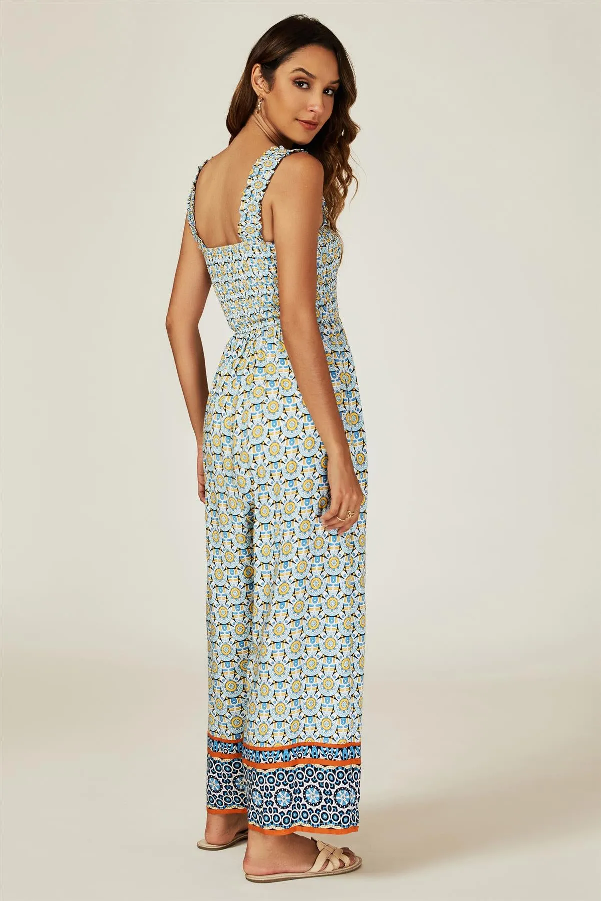 Geo Print Stretchy Smocked Wide Leg Jumpsuit In Blue