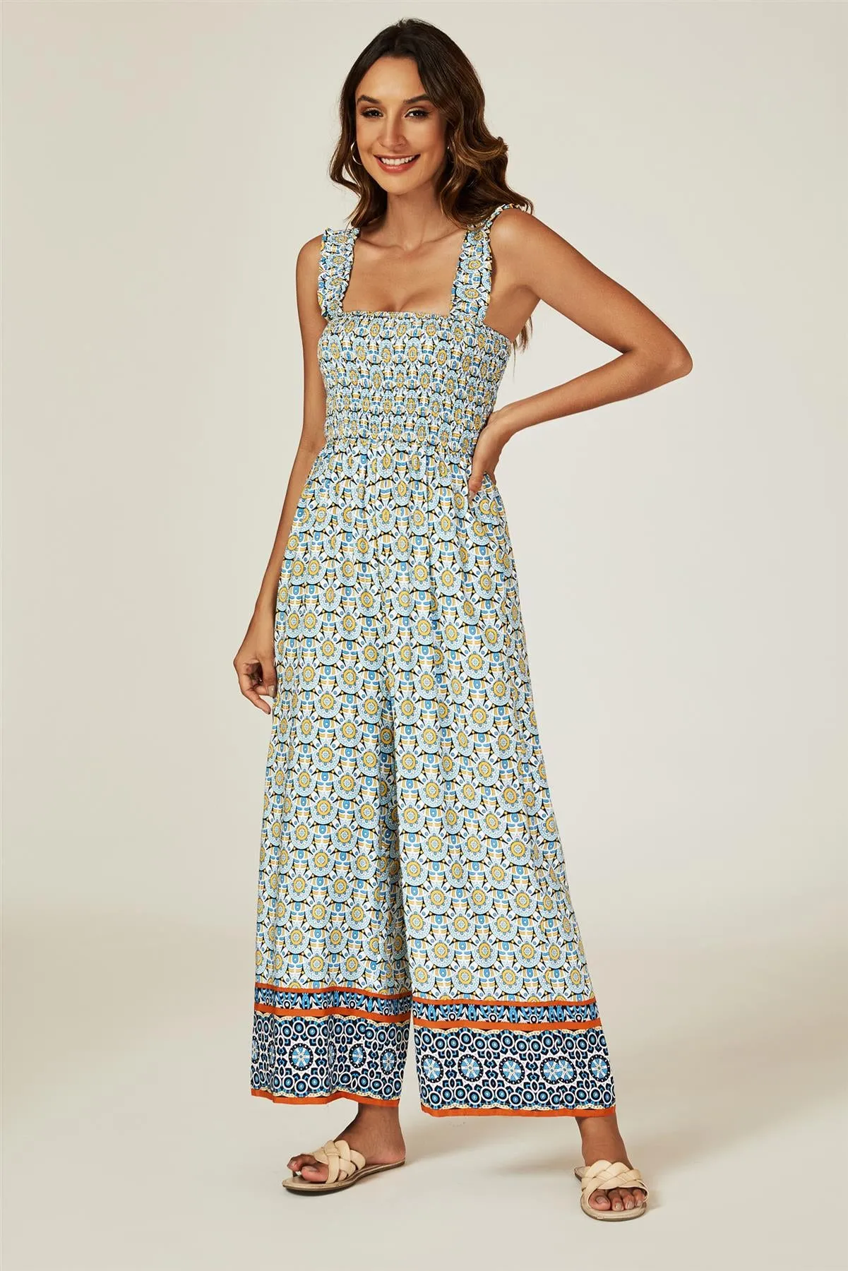 Geo Print Stretchy Smocked Wide Leg Jumpsuit In Blue