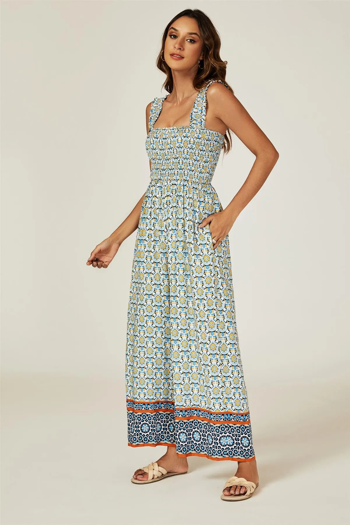 Geo Print Stretchy Smocked Wide Leg Jumpsuit In Blue