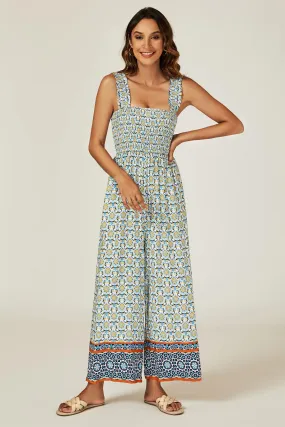 Geo Print Stretchy Smocked Wide Leg Jumpsuit In Blue