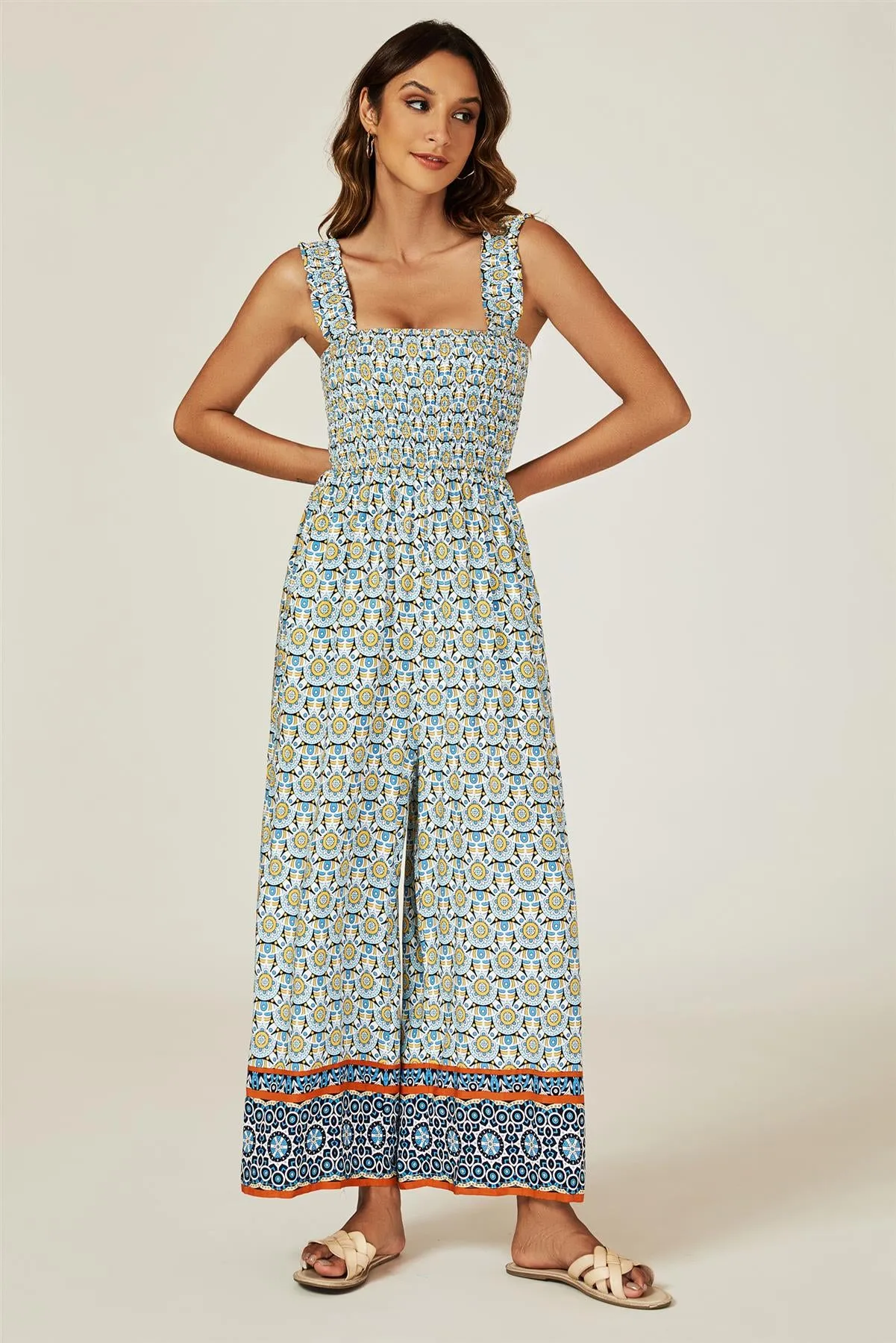 Geo Print Stretchy Smocked Wide Leg Jumpsuit In Blue