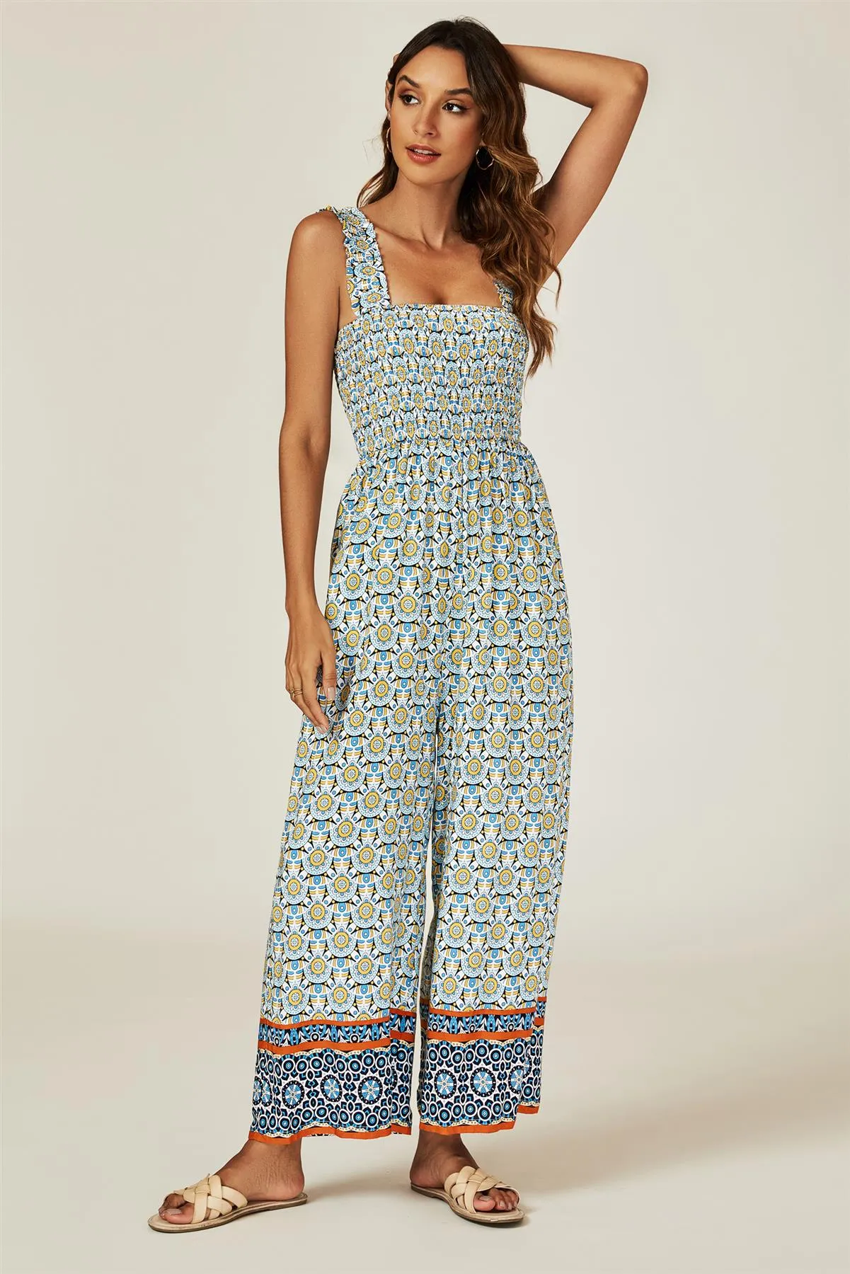 Geo Print Stretchy Smocked Wide Leg Jumpsuit In Blue