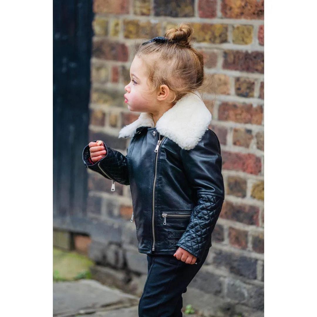 Girls Kids Real leather Biker Style Jacket Cross Zip Black Fur Collar Age 1 - 13