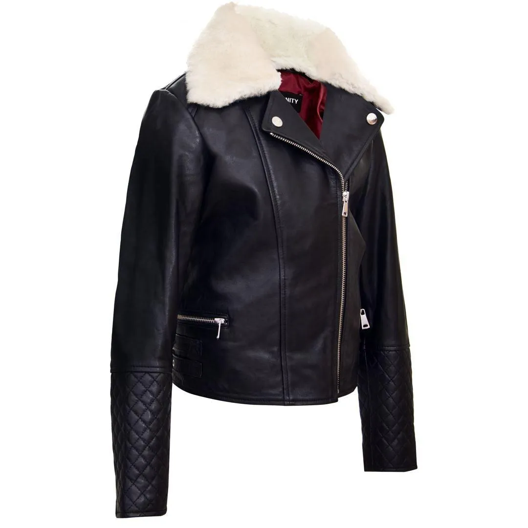 Girls Kids Real leather Biker Style Jacket Cross Zip Black Fur Collar Age 1 - 13