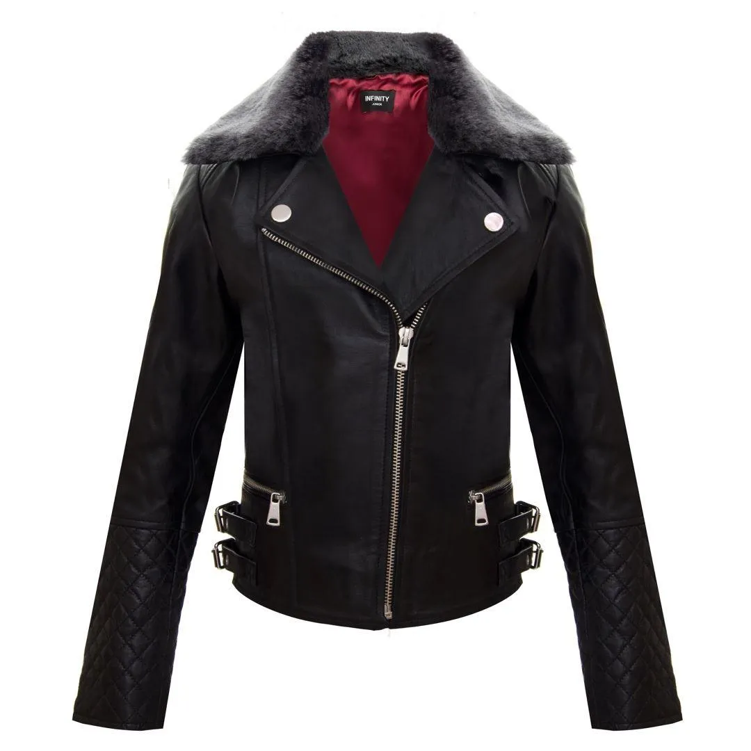 Girls Kids Real leather Biker Style Jacket Cross Zip Black Fur Collar Age 1 - 13