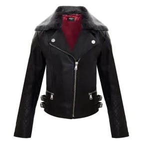 Girls Kids Real leather Biker Style Jacket Cross Zip Black Fur Collar Age 1 - 13