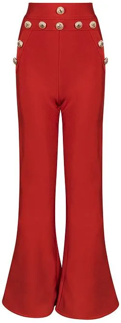 Gold Lion-Head Button-Embellished Stretch Flared Leg Pants, Red