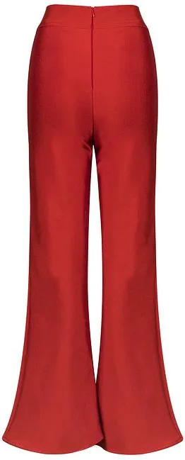 Gold Lion-Head Button-Embellished Stretch Flared Leg Pants, Red