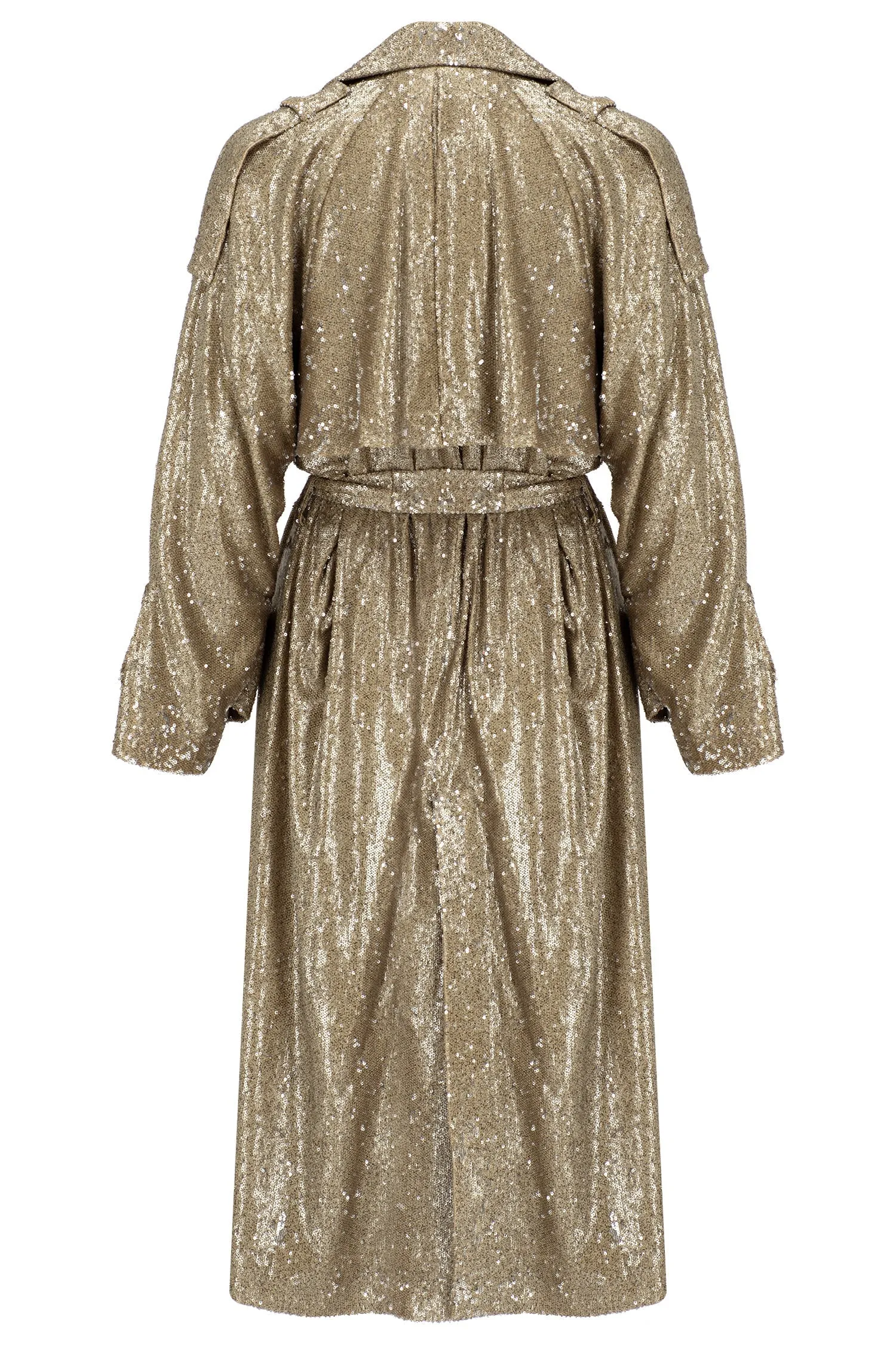 GOLD SEQUINED TIE DETAILED MAXI TRENCHCOAT