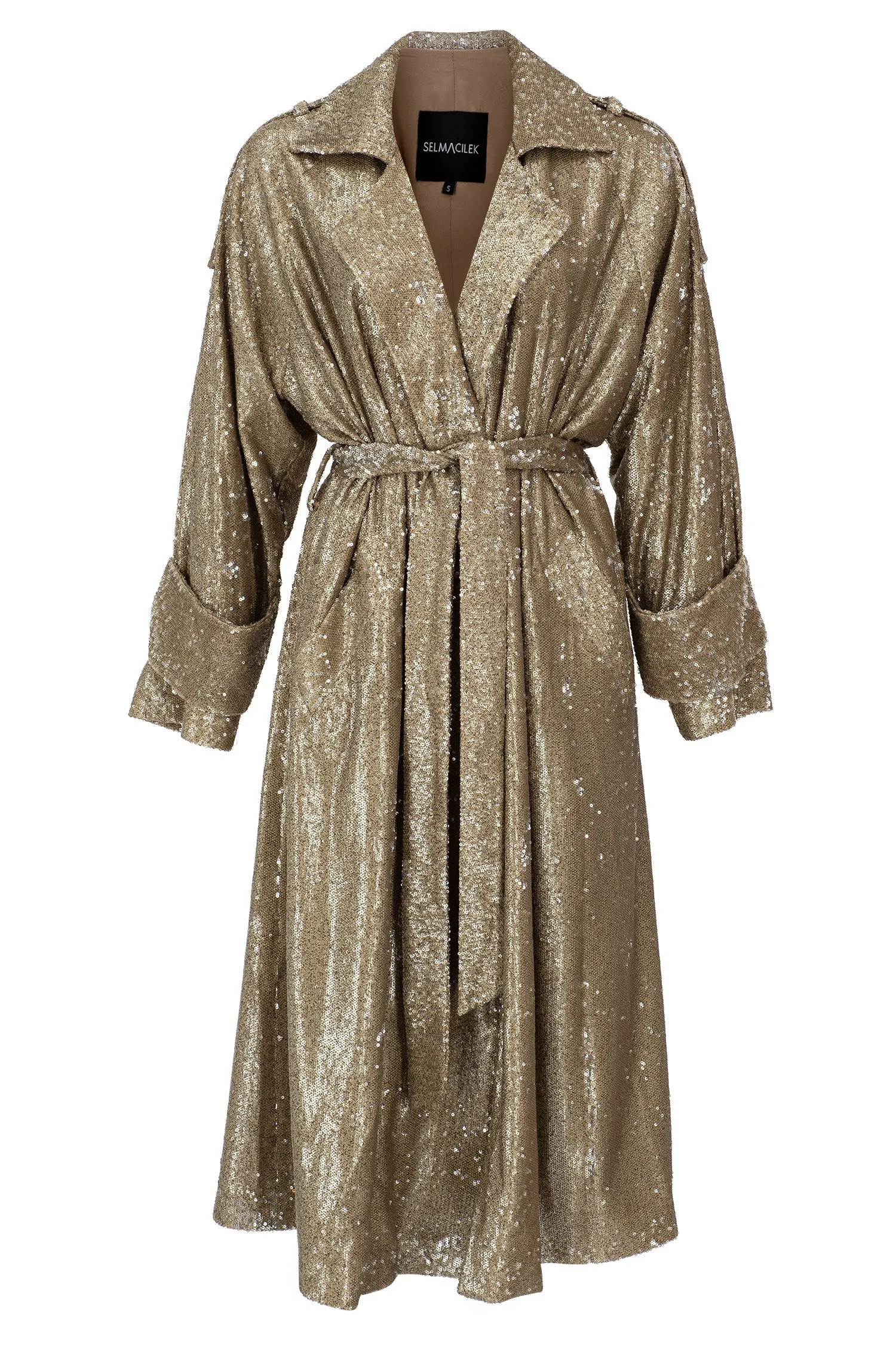 GOLD SEQUINED TIE DETAILED MAXI TRENCHCOAT