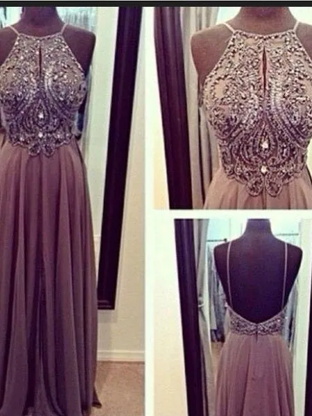 Halter Dark Grey Chiffon A-Line Bead Spaghetti Strap Prom Dress